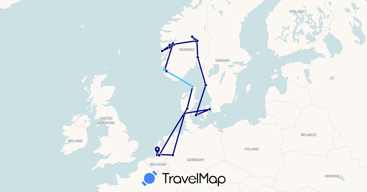 TravelMap itinerary: driving, boat in Germany, Denmark, Netherlands, Norway, Sweden (Europe)